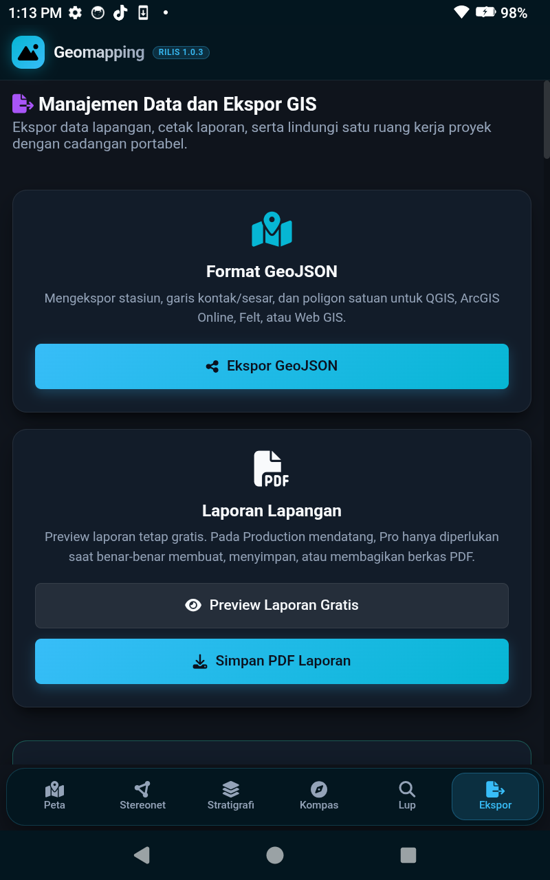 Menu ekspor Geomapping dengan GeoJSON dan preview laporan gratis